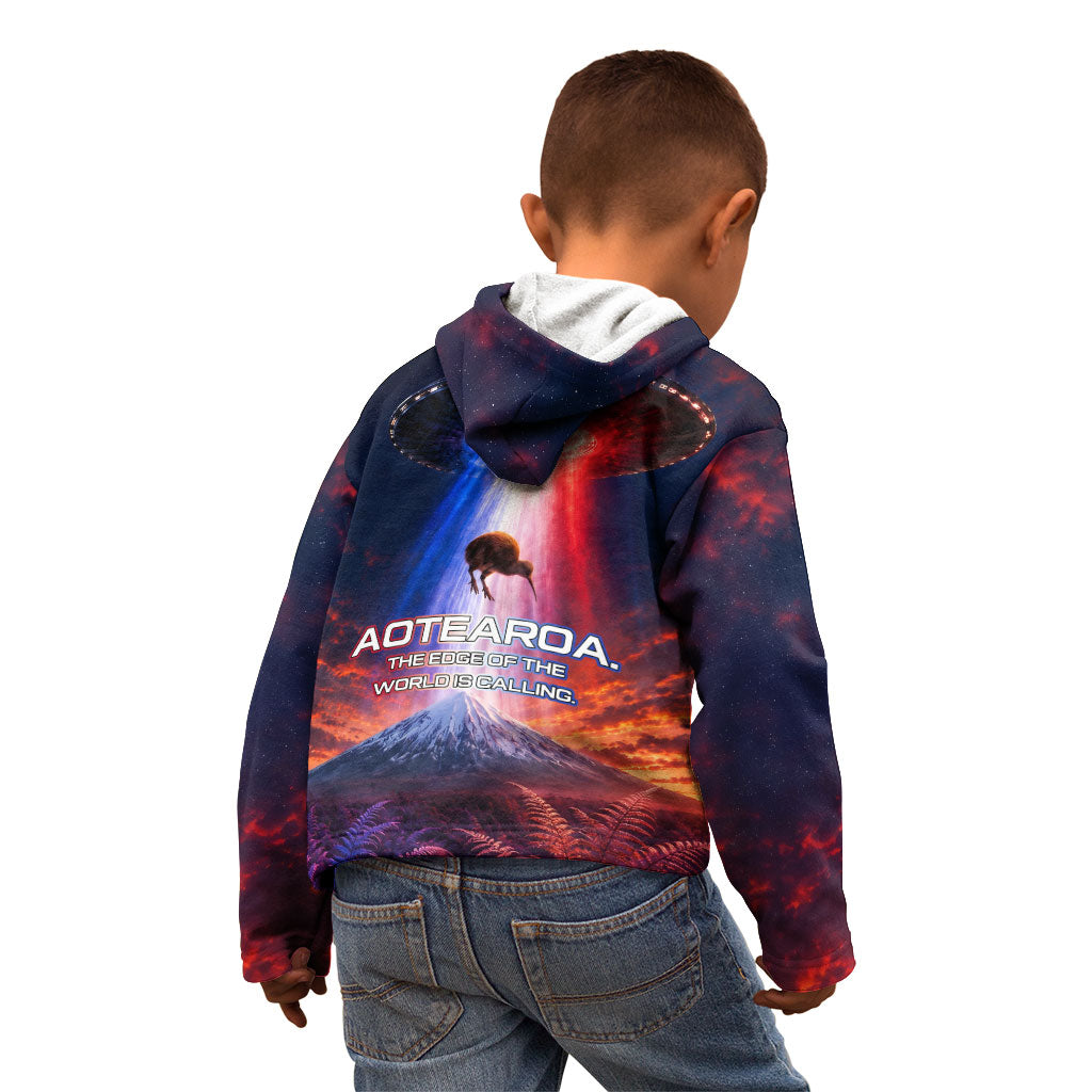 New Zealand Aotearoa Kiwi UFO Kid Hoodie Sci-Fi Galaxy Sunset Sky Tower And Mountain