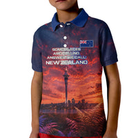 New Zealand Aotearoa Kiwi UFO Kid Polo Shirt Sci-Fi Galaxy Sunset Sky Tower And Mountain