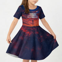 New Zealand Aotearoa Kiwi UFO Kid Short Sleeve Dress Sci-Fi Galaxy Sunset Sky Tower And Mountain