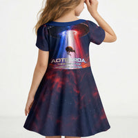 New Zealand Aotearoa Kiwi UFO Kid Short Sleeve Dress Sci-Fi Galaxy Sunset Sky Tower And Mountain