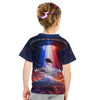 New Zealand Aotearoa Kiwi UFO Kid T Shirt Sci-Fi Galaxy Sunset Sky Tower And Mountain