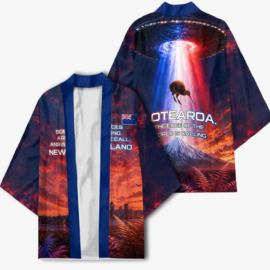 New Zealand Aotearoa Kiwi UFO Kimono Sci-Fi Galaxy Sunset Sky Tower And Mountain