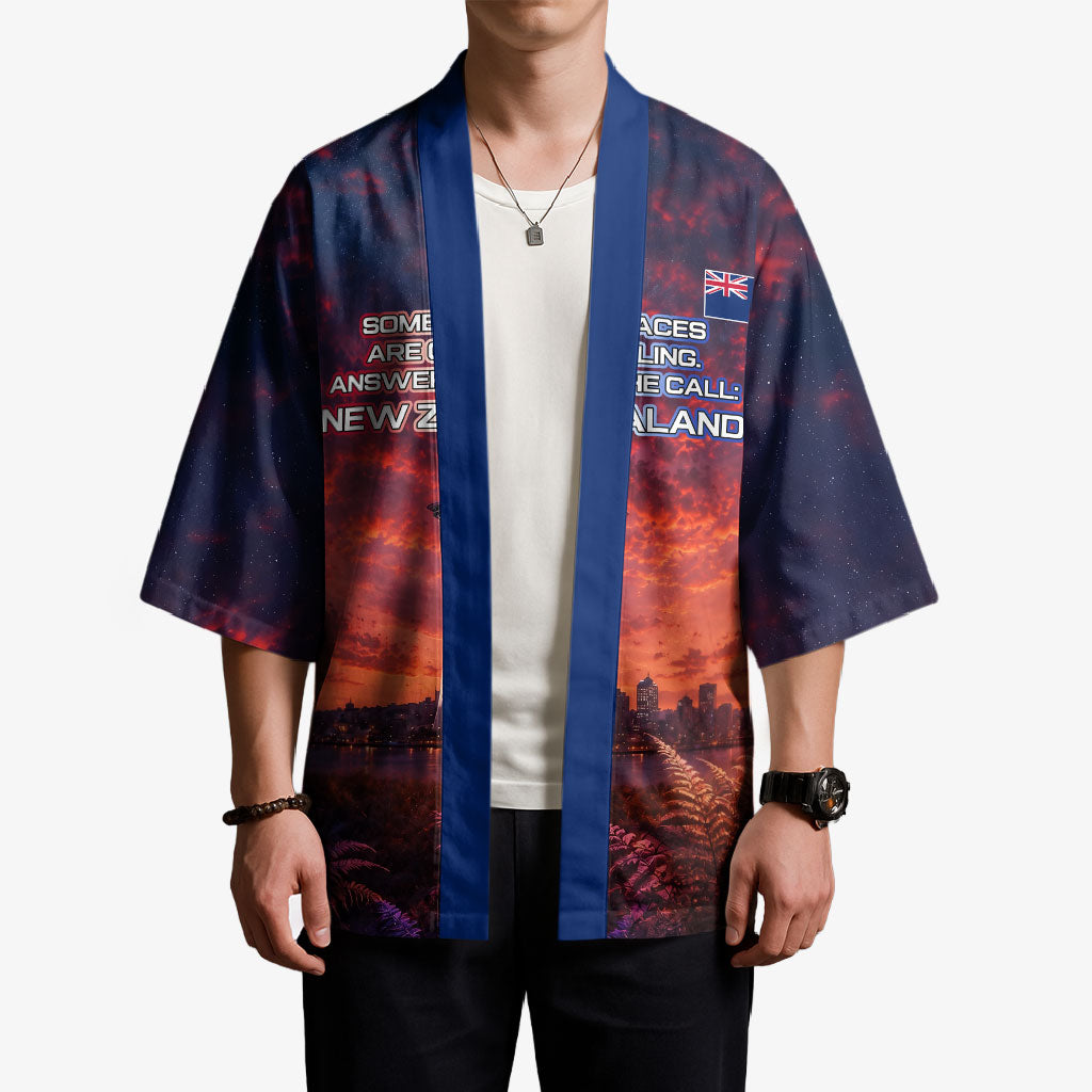 New Zealand Aotearoa Kiwi UFO Kimono Sci-Fi Galaxy Sunset Sky Tower And Mountain