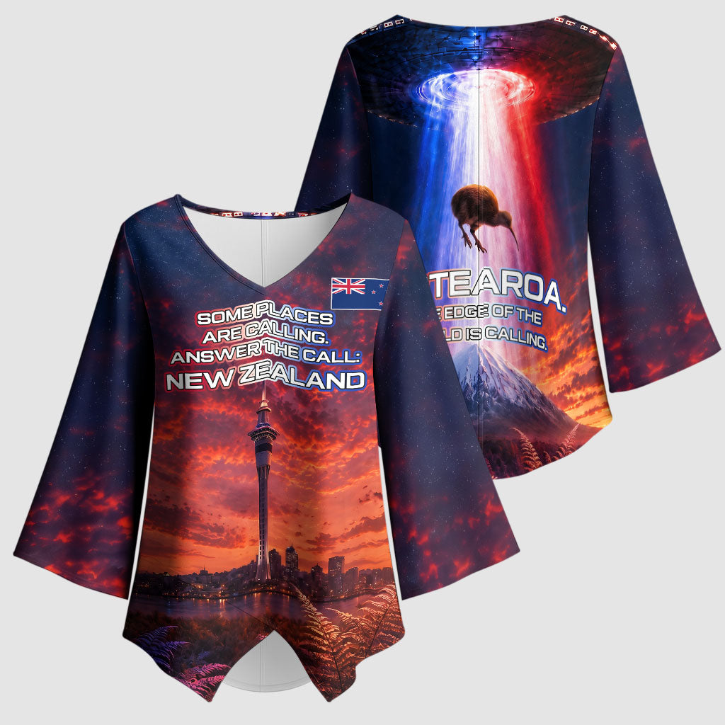 New Zealand Aotearoa Kiwi UFO Kimono Sleeve Blouse Sci-Fi Galaxy Sunset Sky Tower And Mountain