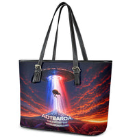 New Zealand Aotearoa Kiwi UFO Leather Tote Bag Sci-Fi Galaxy Sunset Sky Tower And Mountain