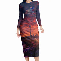 New Zealand Aotearoa Kiwi UFO Long Sleeve Bodycon Dress Sci-Fi Galaxy Sunset Sky Tower And Mountain