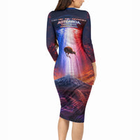 New Zealand Aotearoa Kiwi UFO Long Sleeve Bodycon Dress Sci-Fi Galaxy Sunset Sky Tower And Mountain