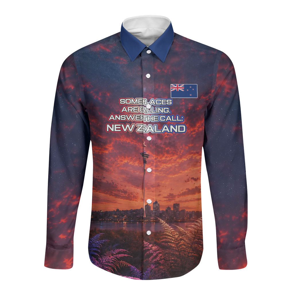 New Zealand Aotearoa Kiwi UFO Long Sleeve Button Shirt Sci-Fi Galaxy Sunset Sky Tower And Mountain TS04 Unisex Blue Red - Polynesian Pride