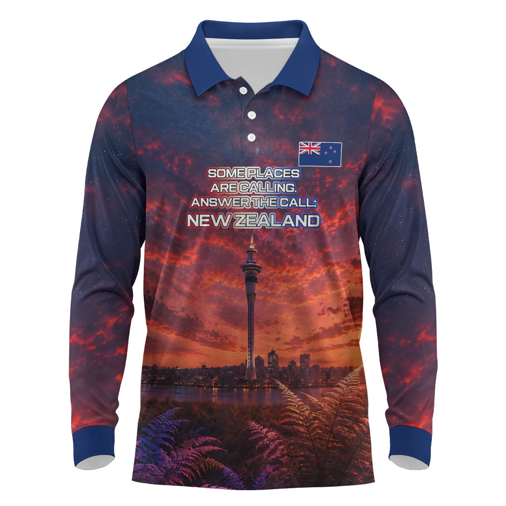 New Zealand Aotearoa Kiwi UFO Long Sleeve Polo Shirt Sci-Fi Galaxy Sunset Sky Tower And Mountain