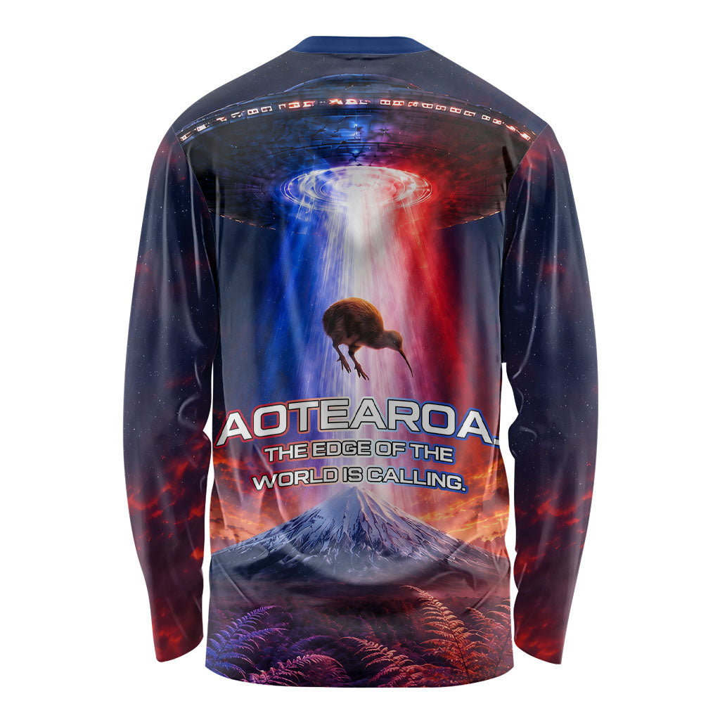 New Zealand Aotearoa Kiwi UFO Long Sleeve Shirt Sci-Fi Galaxy Sunset Sky Tower And Mountain