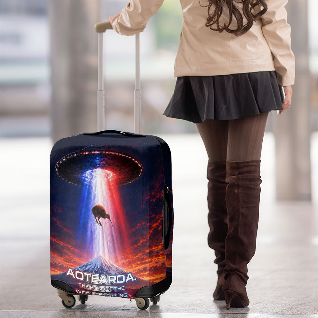New Zealand Aotearoa Kiwi UFO Luggage Cover Sci-Fi Galaxy Sunset Sky Tower And Mountain