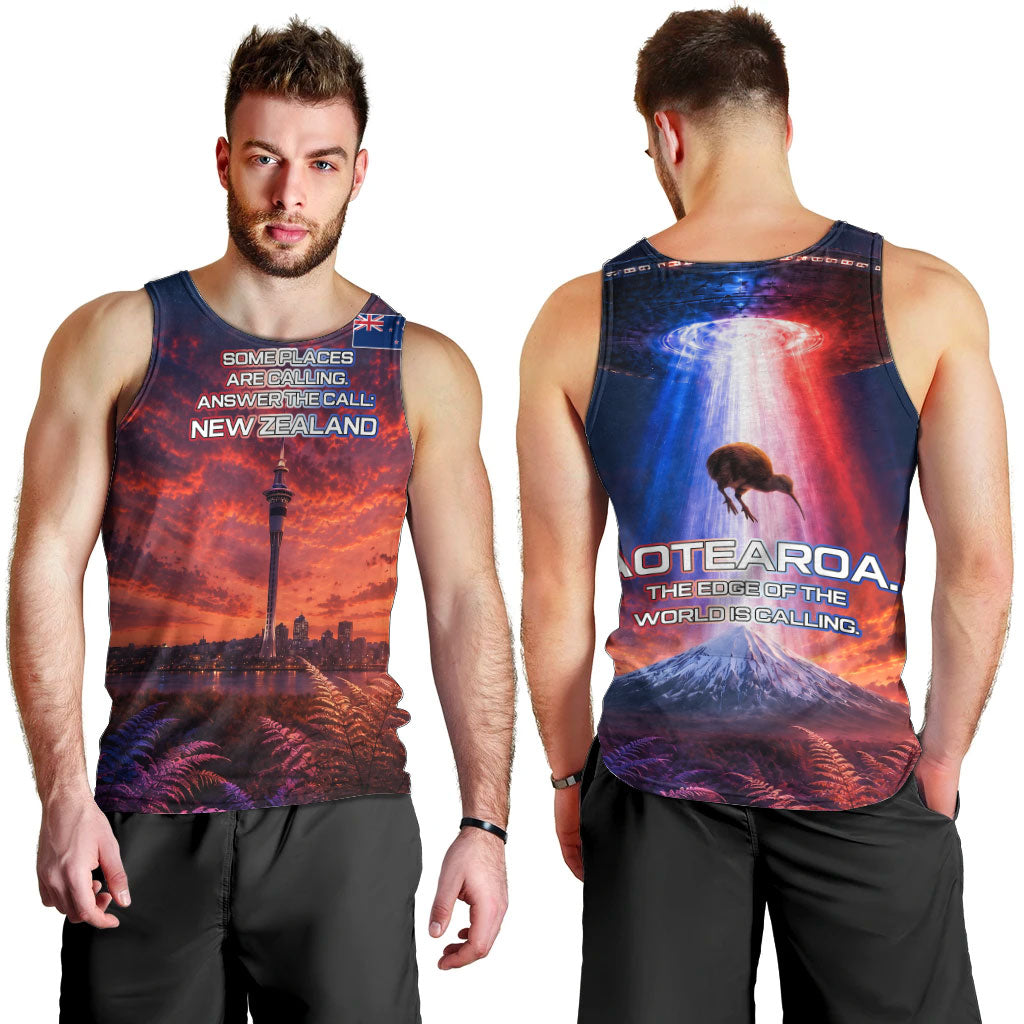 New Zealand Aotearoa Kiwi UFO Men Tank Top Sci-Fi Galaxy Sunset Sky Tower And Mountain