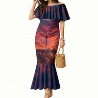 New Zealand Aotearoa Kiwi UFO Mermaid Dress Sci-Fi Galaxy Sunset Sky Tower And Mountain