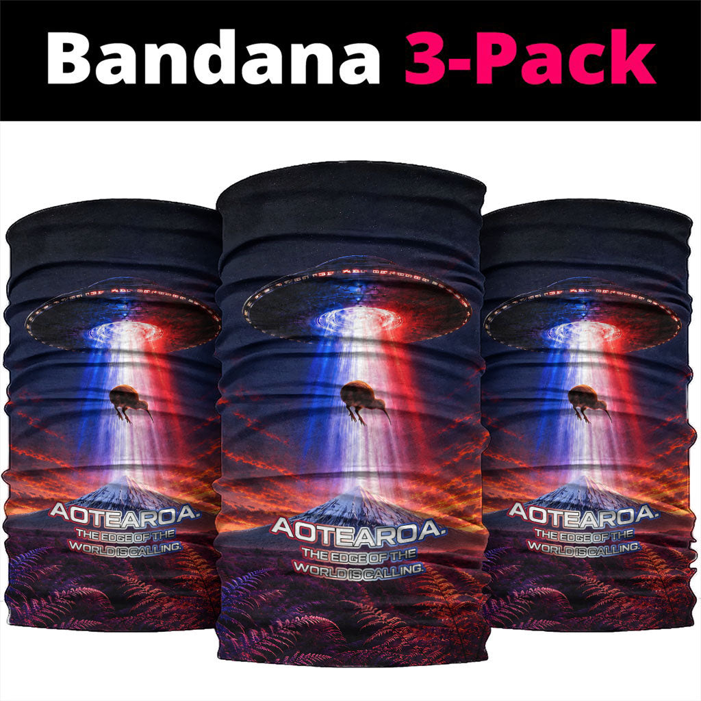 New Zealand Aotearoa Kiwi UFO Neck Gaiter Sci-Fi Galaxy Sunset Sky Tower And Mountain