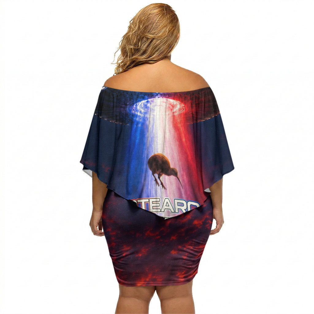 New Zealand Aotearoa Kiwi UFO Off Shoulder Short Dress Sci-Fi Galaxy Sunset Sky Tower And Mountain