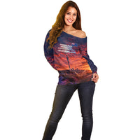 New Zealand Aotearoa Kiwi UFO Off Shoulder Sweater Sci-Fi Galaxy Sunset Sky Tower And Mountain
