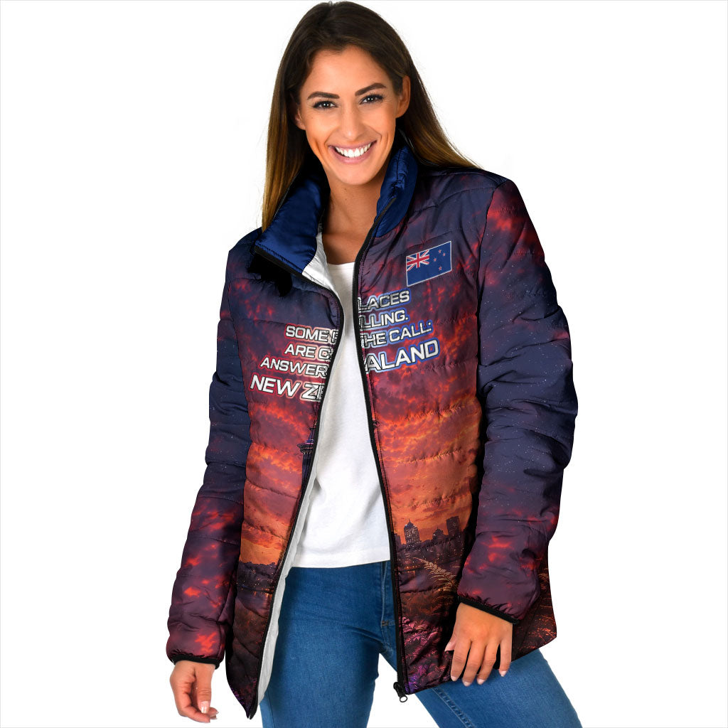 New Zealand Aotearoa Kiwi UFO Padded Jacket Sci-Fi Galaxy Sunset Sky Tower And Mountain