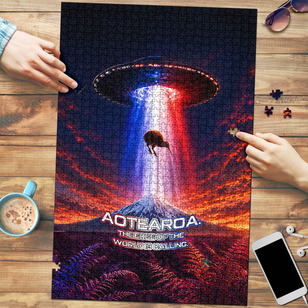 New Zealand Aotearoa Kiwi UFO Puzzle Sci-Fi Galaxy Sunset Sky Tower And Mountain TS04 Blue Red - Polynesian Pride