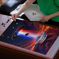 New Zealand Aotearoa Kiwi UFO Puzzle Sci-Fi Galaxy Sunset Sky Tower And Mountain