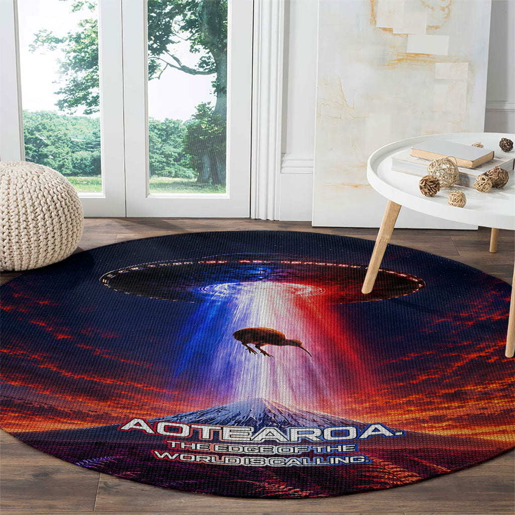New Zealand Aotearoa Kiwi UFO Round Carpet Sci-Fi Galaxy Sunset Sky Tower And Mountain