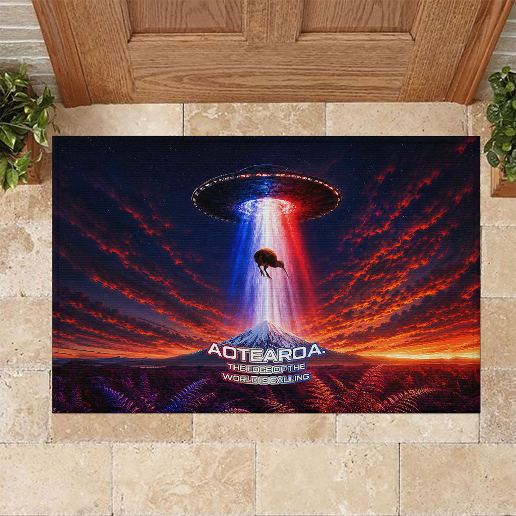 New Zealand Aotearoa Kiwi UFO Rubber Doormat Sci-Fi Galaxy Sunset Sky Tower And Mountain