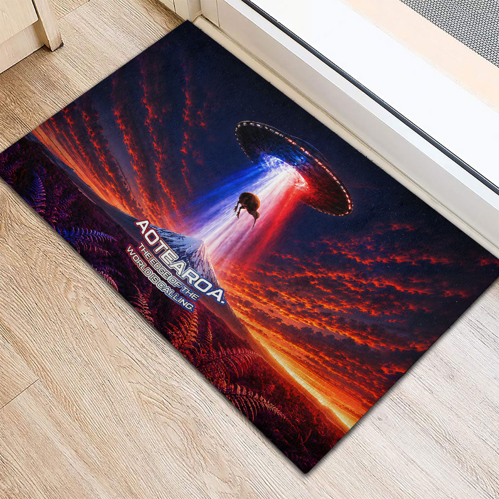 New Zealand Aotearoa Kiwi UFO Rubber Doormat Sci-Fi Galaxy Sunset Sky Tower And Mountain