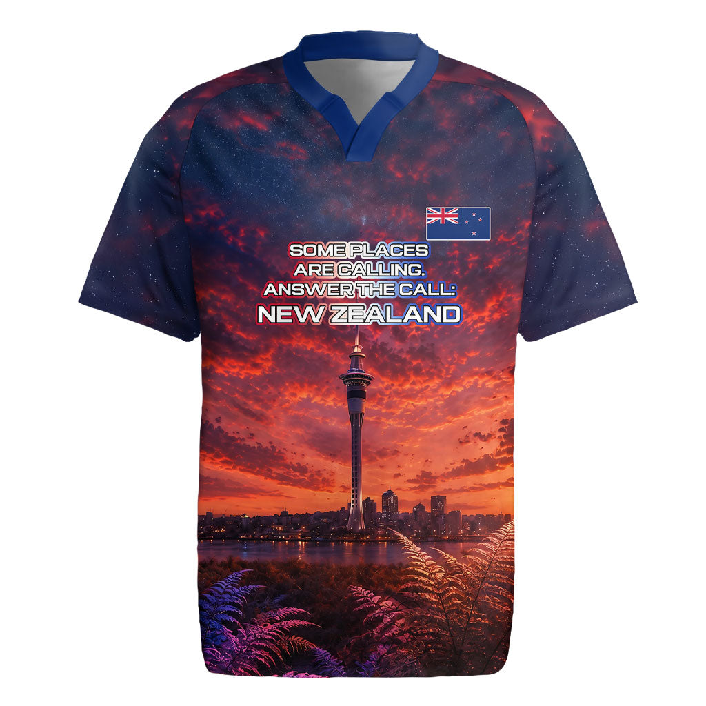 New Zealand Aotearoa Kiwi UFO Rugby Jersey Sci-Fi Galaxy Sunset Sky Tower And Mountain