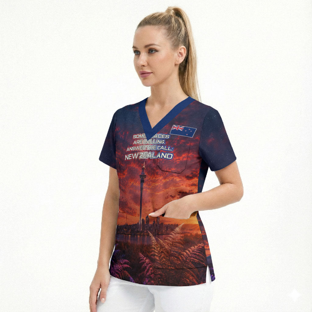 New Zealand Aotearoa Kiwi UFO Scrub Top Sci-Fi Galaxy Sunset Sky Tower And Mountain