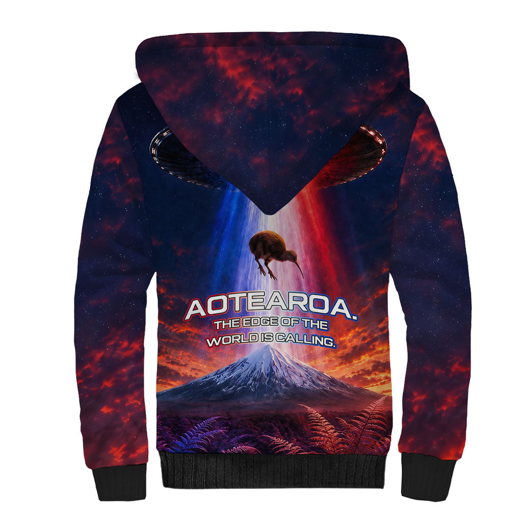 New Zealand Aotearoa Kiwi UFO Sherpa Hoodie Sci-Fi Galaxy Sunset Sky Tower And Mountain
