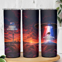 New Zealand Aotearoa Kiwi UFO Skinny Tumbler Sci-Fi Galaxy Sunset Sky Tower And Mountain