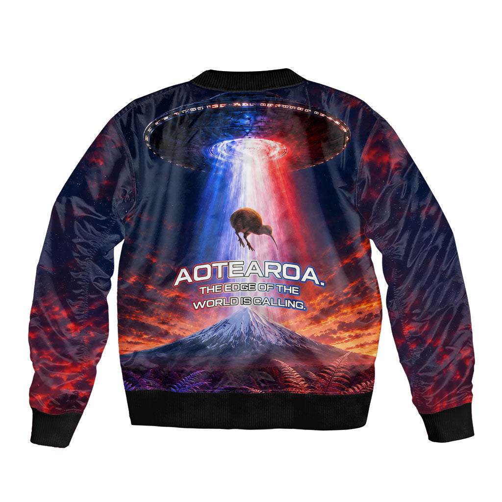 New Zealand Aotearoa Kiwi UFO Sleeve Zip Bomber Jacket Sci-Fi Galaxy Sunset Sky Tower And Mountain