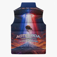New Zealand Aotearoa Kiwi UFO Sleeveless Puffer Jacket Sci-Fi Galaxy Sunset Sky Tower And Mountain