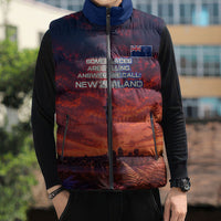 New Zealand Aotearoa Kiwi UFO Sleeveless Puffer Jacket Sci-Fi Galaxy Sunset Sky Tower And Mountain