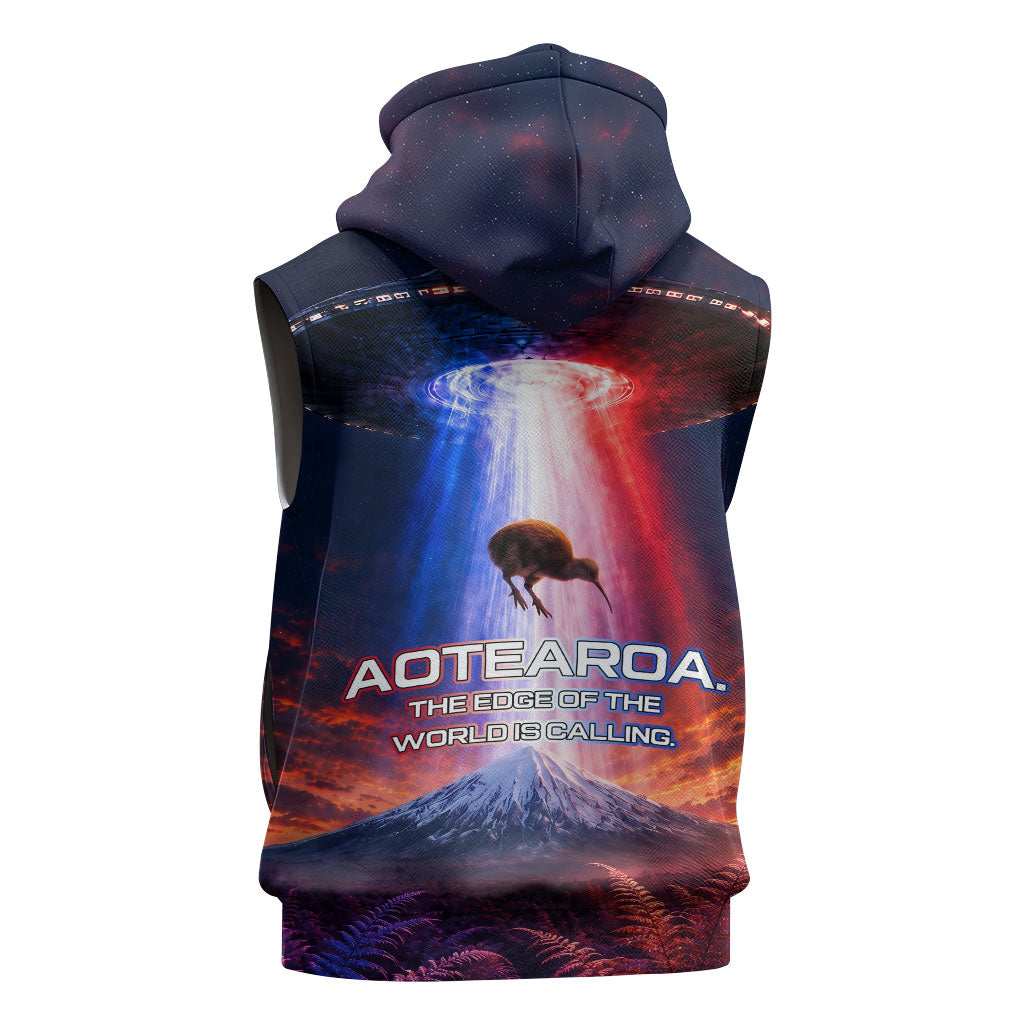 New Zealand Aotearoa Kiwi UFO Sleeveless Zip Hoodie Sci-Fi Galaxy Sunset Sky Tower And Mountain
