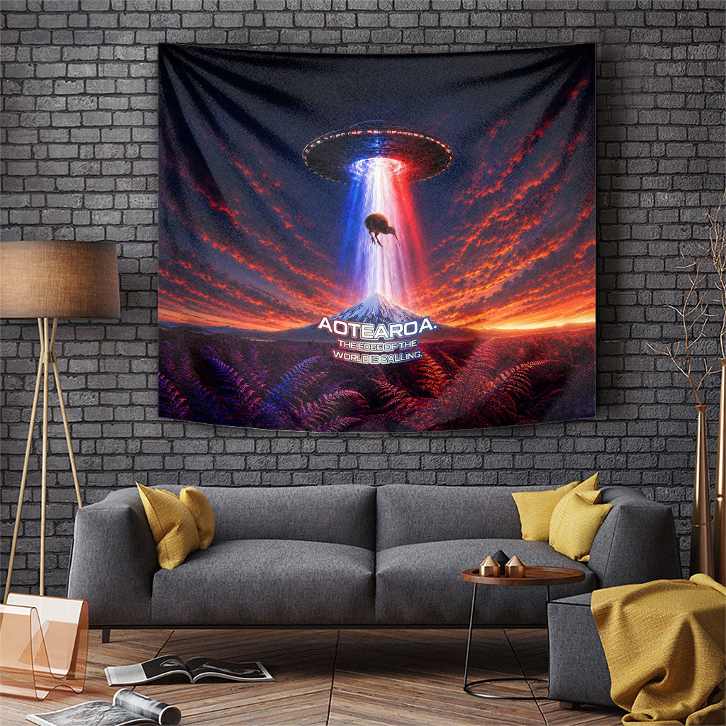 New Zealand Aotearoa Kiwi UFO Tapestry Sci-Fi Galaxy Sunset Sky Tower And Mountain