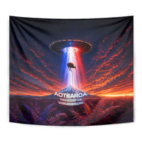 New Zealand Aotearoa Kiwi UFO Tapestry Sci-Fi Galaxy Sunset Sky Tower And Mountain