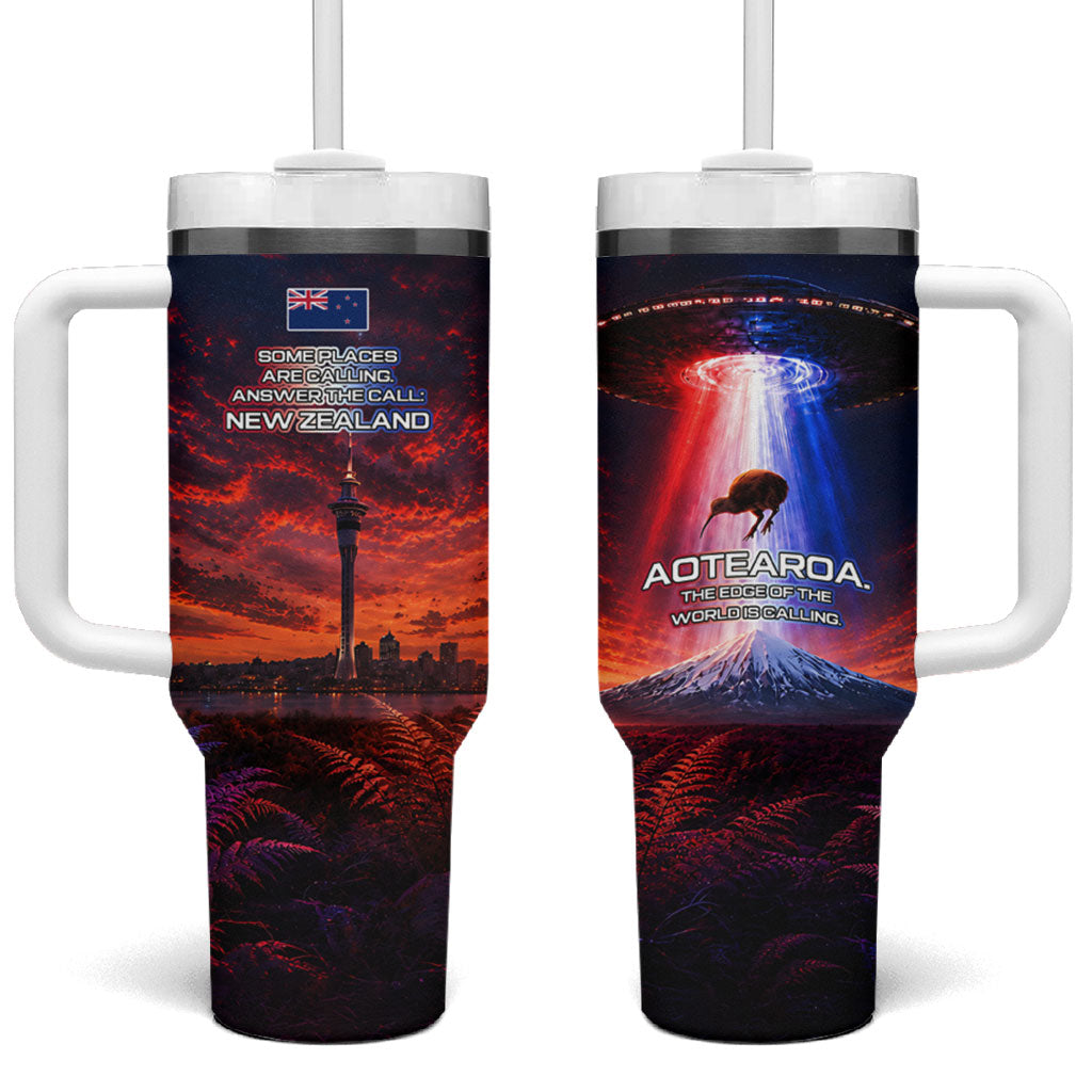 New Zealand Aotearoa Kiwi UFO Tumbler With Handle Sci-Fi Galaxy Sunset Sky Tower And Mountain
