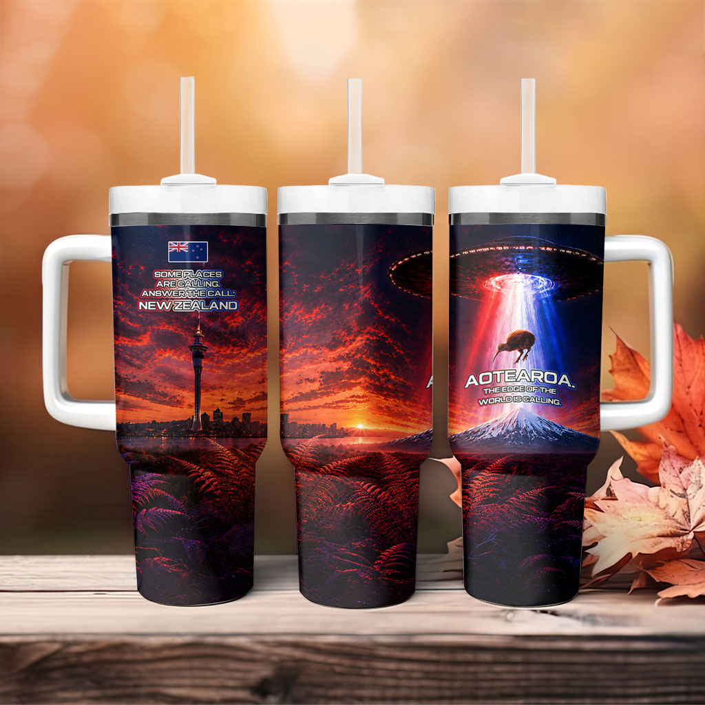 New Zealand Aotearoa Kiwi UFO Tumbler With Handle Sci-Fi Galaxy Sunset Sky Tower And Mountain
