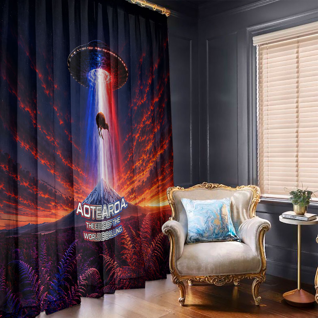 New Zealand Aotearoa Kiwi UFO Window Curtain Sci-Fi Galaxy Sunset Sky Tower And Mountain