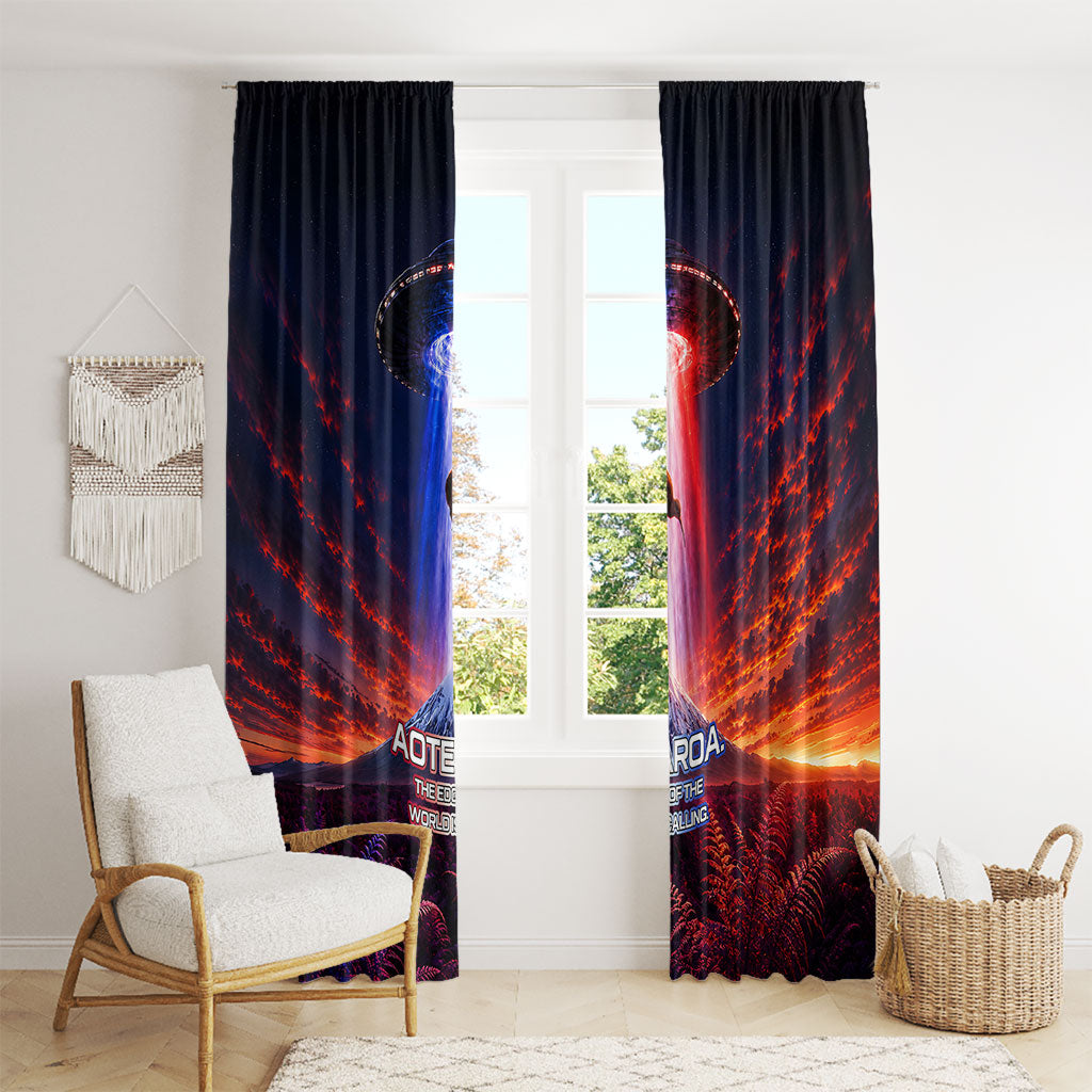 New Zealand Aotearoa Kiwi UFO Window Curtain Sci-Fi Galaxy Sunset Sky Tower And Mountain