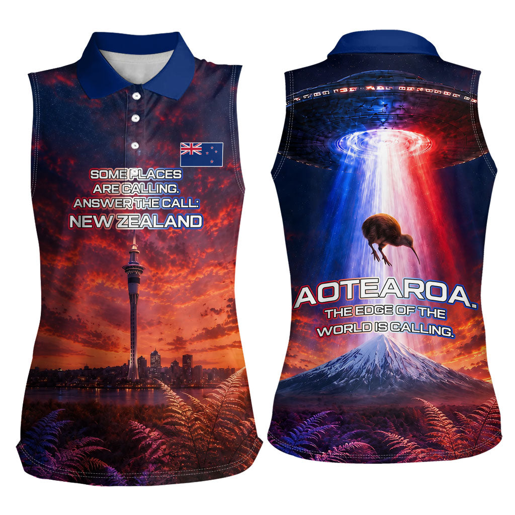 New Zealand Aotearoa Kiwi UFO Women Sleeveless Polo Shirt Sci-Fi Galaxy Sunset Sky Tower And Mountain