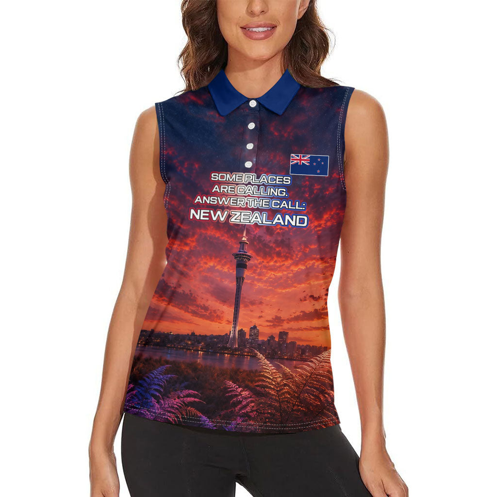 New Zealand Aotearoa Kiwi UFO Women Sleeveless Polo Shirt Sci-Fi Galaxy Sunset Sky Tower And Mountain