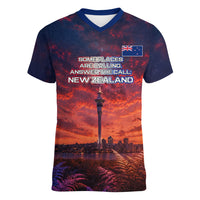 New Zealand Aotearoa Kiwi UFO Women V-Neck T-Shirt Sci-Fi Galaxy Sunset Sky Tower And Mountain