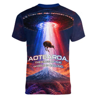 New Zealand Aotearoa Kiwi UFO Women V-Neck T-Shirt Sci-Fi Galaxy Sunset Sky Tower And Mountain
