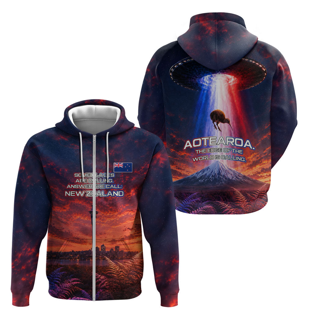 New Zealand Aotearoa Kiwi UFO Zip Hoodie Sci-Fi Galaxy Sunset Sky Tower And Mountain