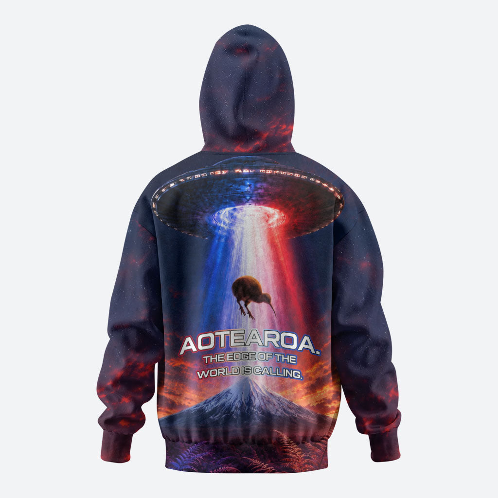 New Zealand Aotearoa Kiwi UFO Zip Hoodie Sci-Fi Galaxy Sunset Sky Tower And Mountain