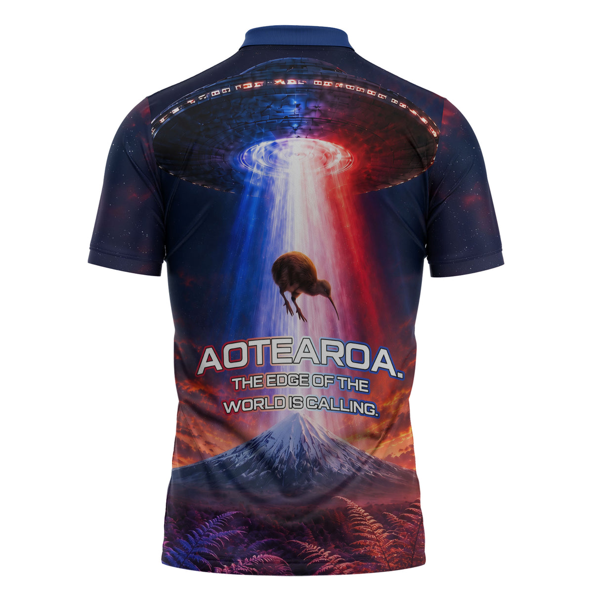 New Zealand Aotearoa Kiwi UFO Zipper Polo Shirt Sci-Fi Galaxy Sunset Sky Tower And Mountain