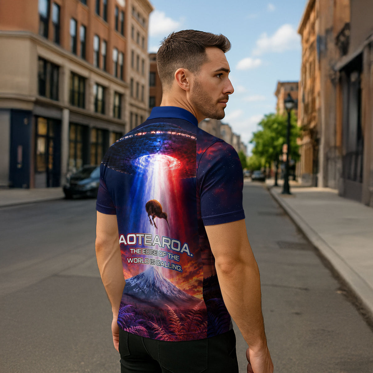 New Zealand Aotearoa Kiwi UFO Zipper Polo Shirt Sci-Fi Galaxy Sunset Sky Tower And Mountain