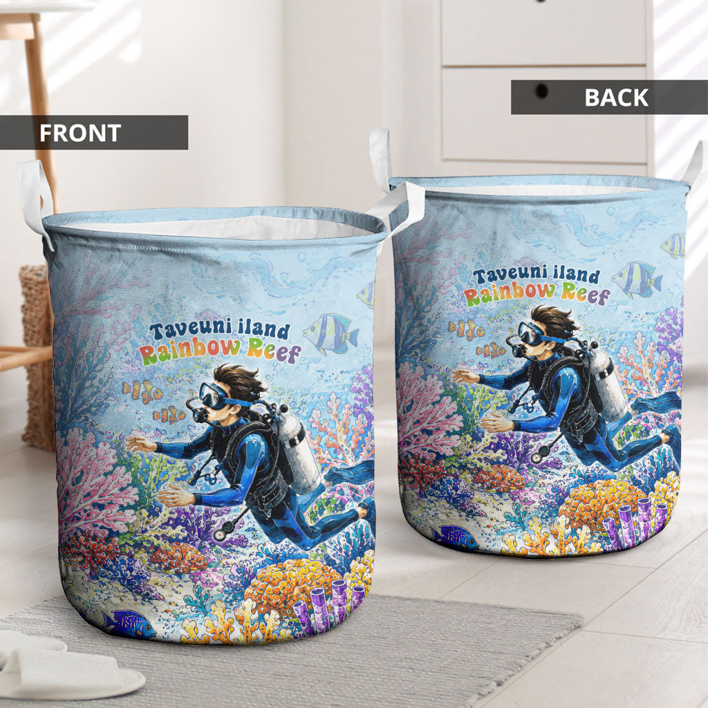 Fiji Taveuni Rainbow Reef Laundry Basket Scuba Diver Vibrant Undersea Coral Garden Watercolor