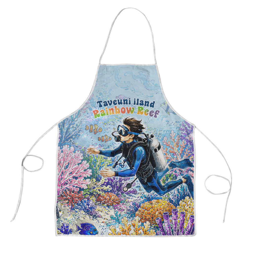 Fiji Taveuni Rainbow Reef Apron Scuba Diver Vibrant Undersea Coral Garden Watercolor